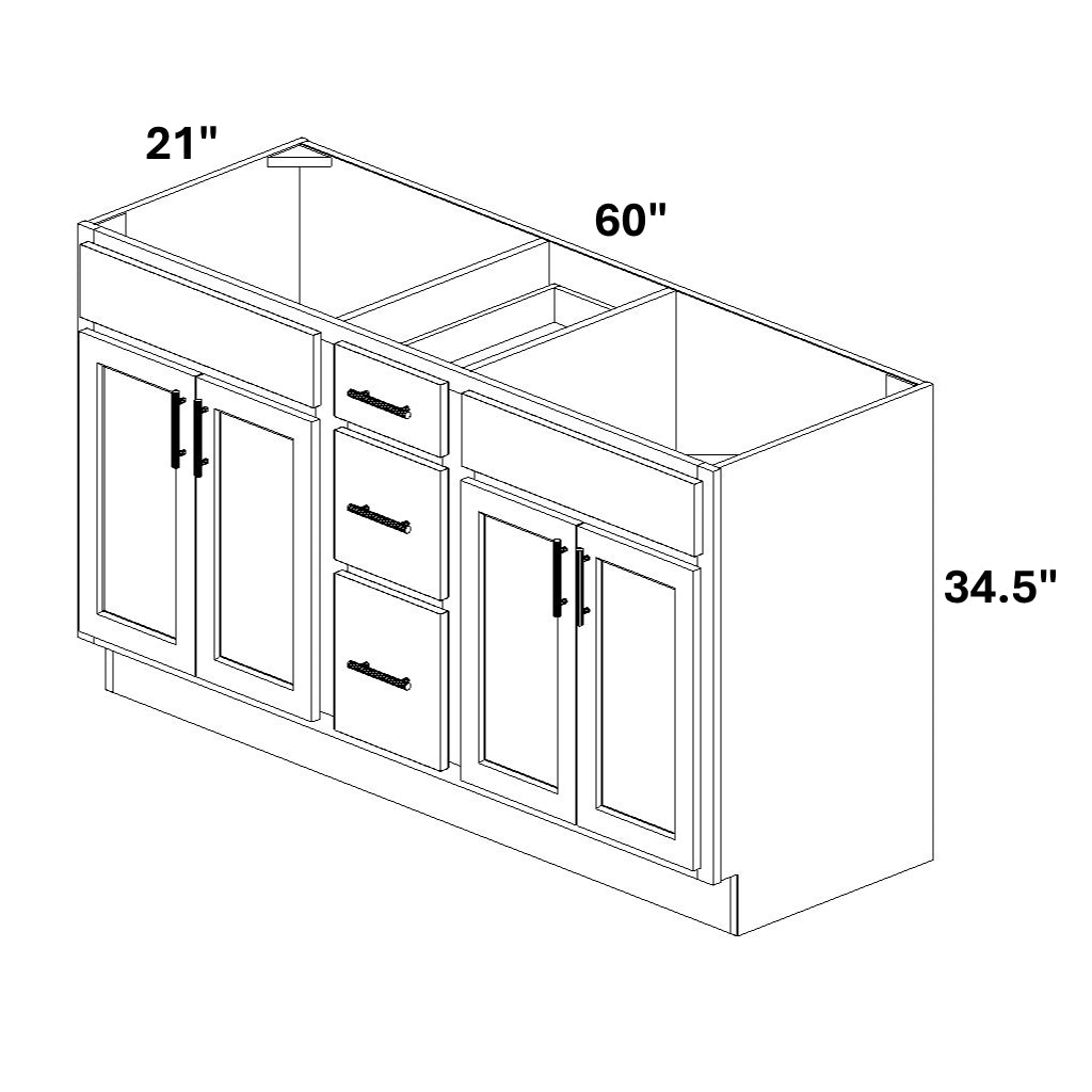 Double Vanity Sink Base with Center 3 Drawer Stack