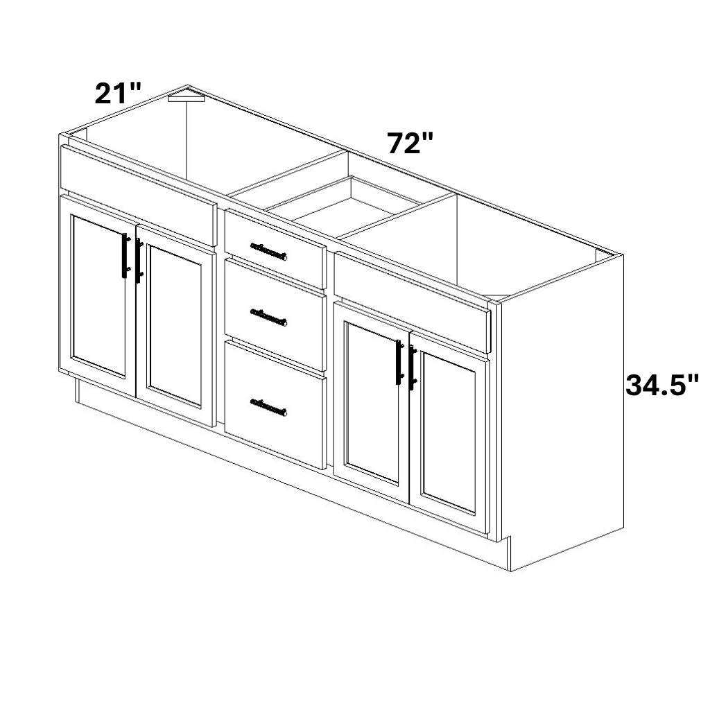 Double Vanity Sink Base with Center 3 Drawer Stack
